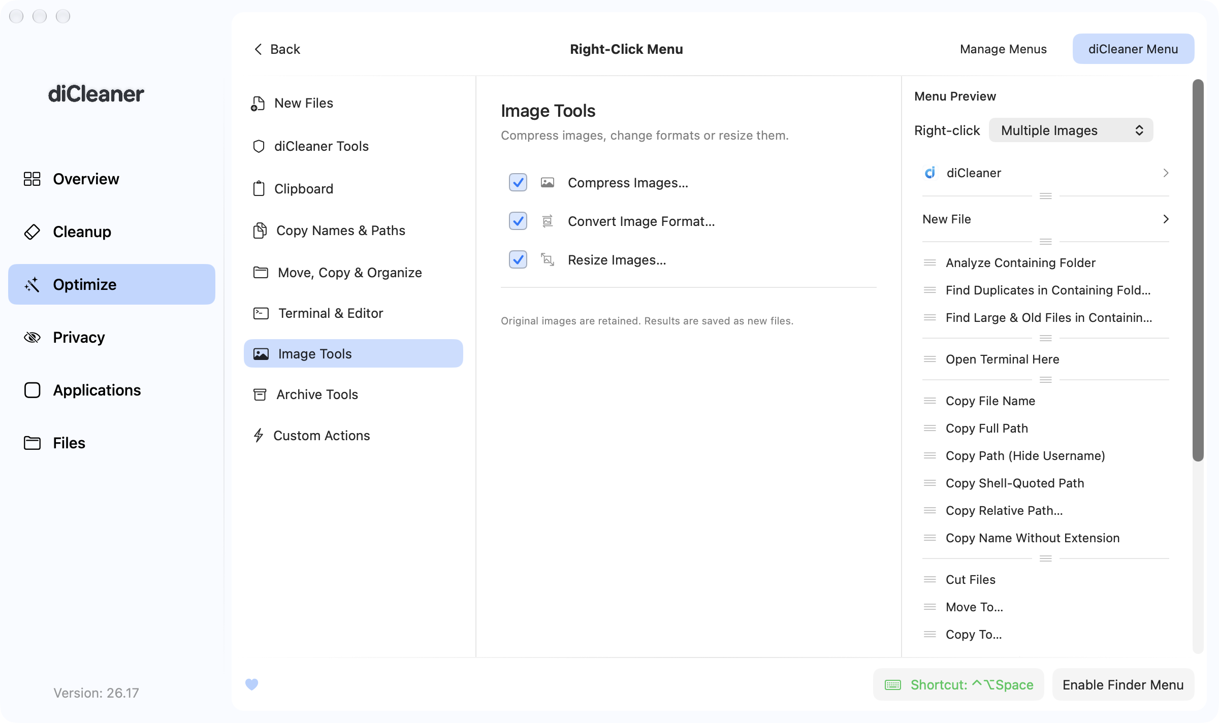 The diCleaner Finder right-click menu editor showing Image Tools and a live menu preview