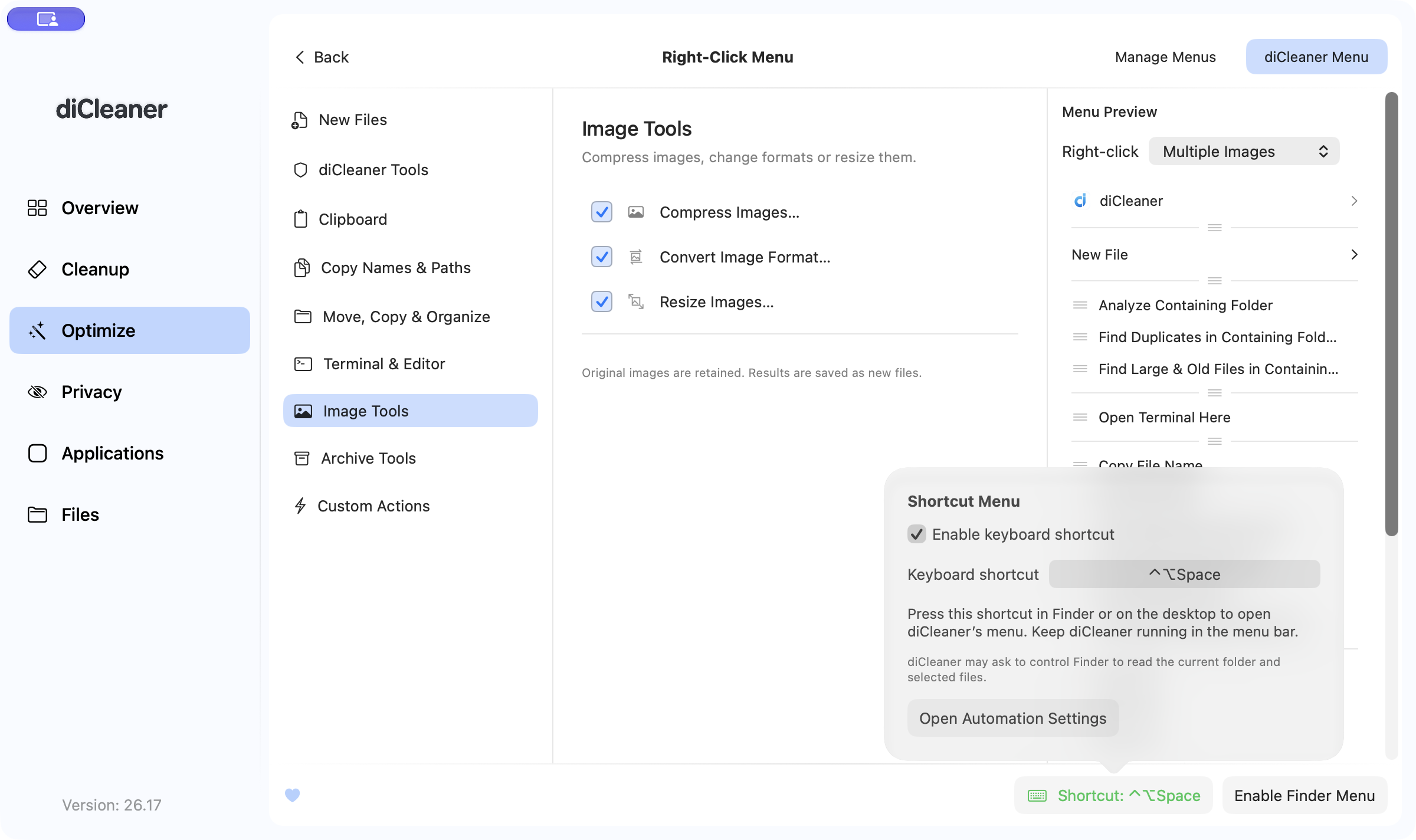 The diCleaner Shortcut Menu settings with the keyboard shortcut and Open Automation Settings button
