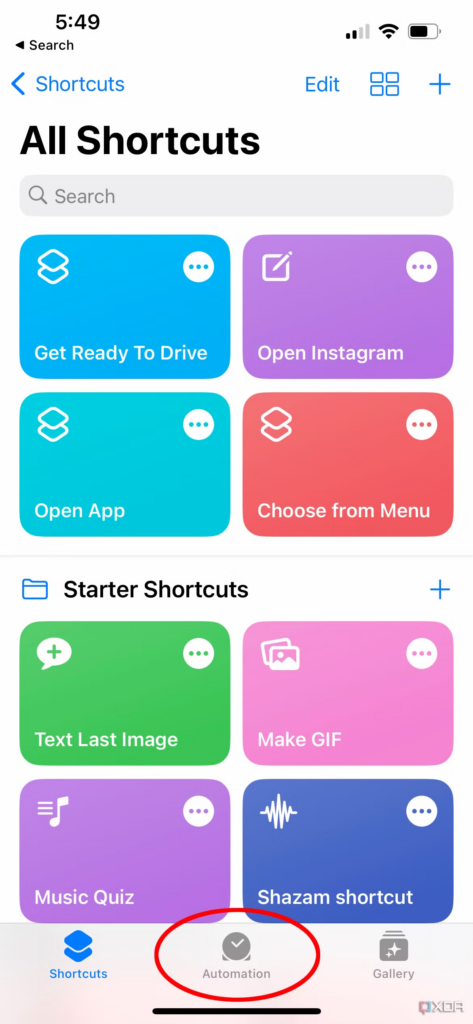 iPhone screen displaying the Shortcuts app with an option to create a new shortcut.